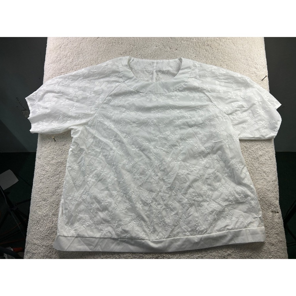 Women's White Embroidered Floral Top‎ 5XL Cotton Short Sleeve Blouse